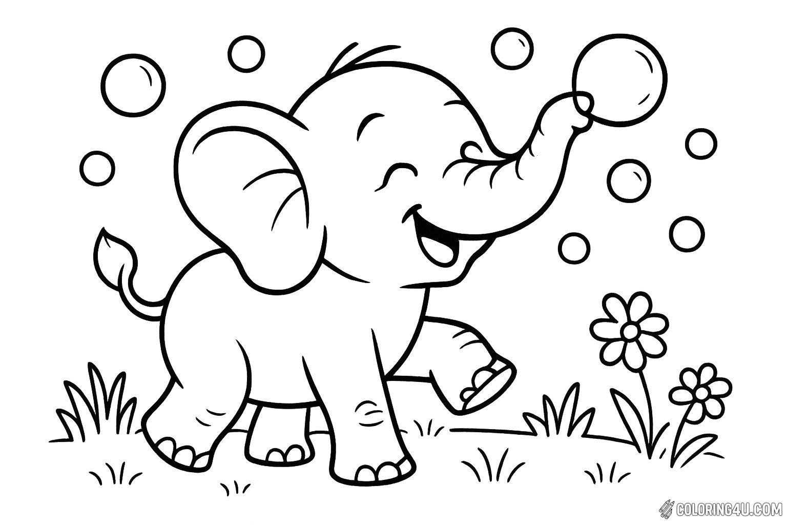 A cheerful elephant dances joyfully in a sunny meadow, surrounded by playful bubbles floating in the air. Its big ears flap with excitement, and a wide smile brightens its face as it interacts with colorful flowers nearby. This delightful scene captures the essence of happiness, inviting kids to bring it to life with their favorite colors.