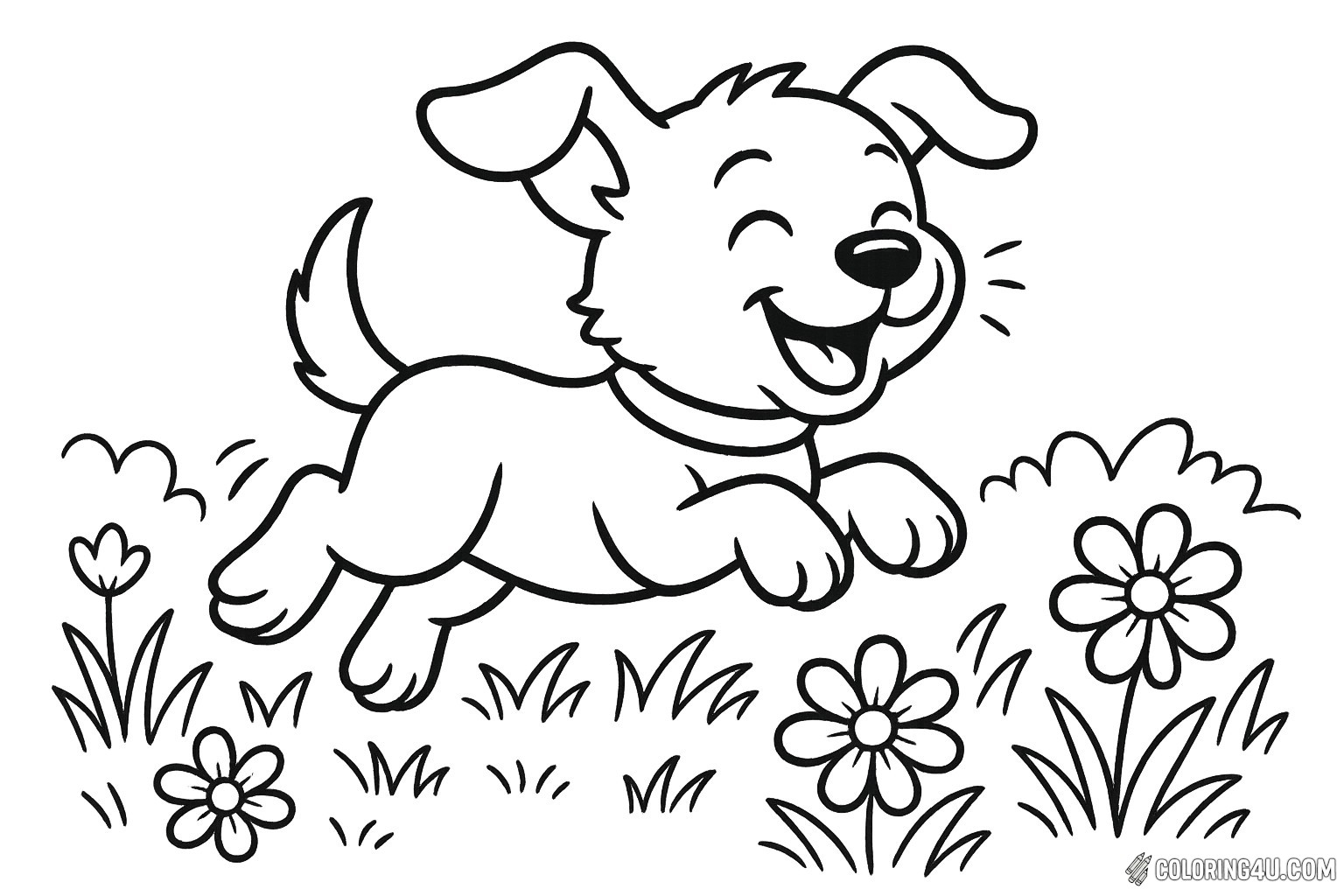 A joyful puppy leaps through a vibrant meadow, its tail wagging and mouth open in a big, happy grin. Surrounded by blooming flowers and soft grass, this playful pup embodies pure delight. Kids can bring this cheerful scene to life with bright colors, capturing the essence of happiness and the carefree spirit of a sunny day.