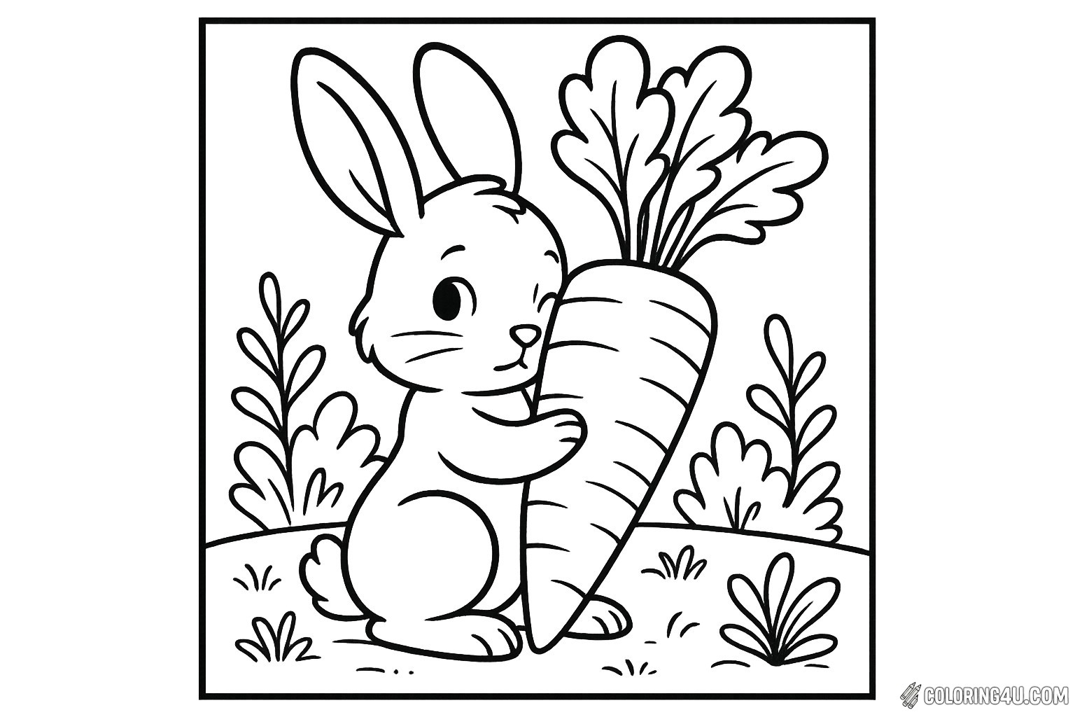 A cute bunny peeks shyly from behind a large, vibrant carrot, its big ears perked up in curiosity. The bunny's gentle expression adds to its adorable charm, surrounded by soft grass and leafy plants. This delightful scene invites kids to bring it to life with their favorite colors, making it a perfect addition to any coloring activity.