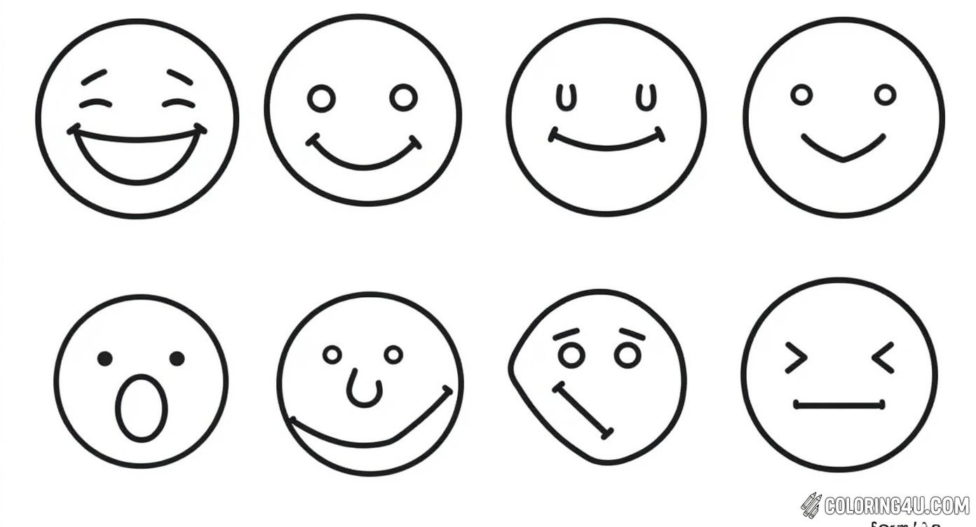 This fun and simple coloring page features seven expressive faces showing different emotions like funny, silly, sad, happy, scared, bored, and loved. It's perfect for kids to learn about feelings while having a great time coloring each unique expression.