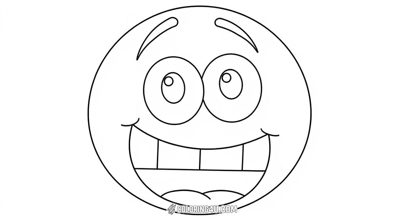 This cheerful coloring page showcases a large happy face with big eyes and a big smile. Kids can brighten up the happy face with their favorite colors, making it a perfect activity to celebrate joy and positivity.