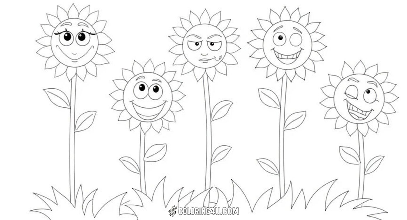 This delightful coloring page shows six tall sunflowers with faces expressing different emotions like surprise, anger, happiness, and worry. Kids can have fun coloring each unique sunflower while learning to recognize and understand a variety of feelings in nature-inspired characters.