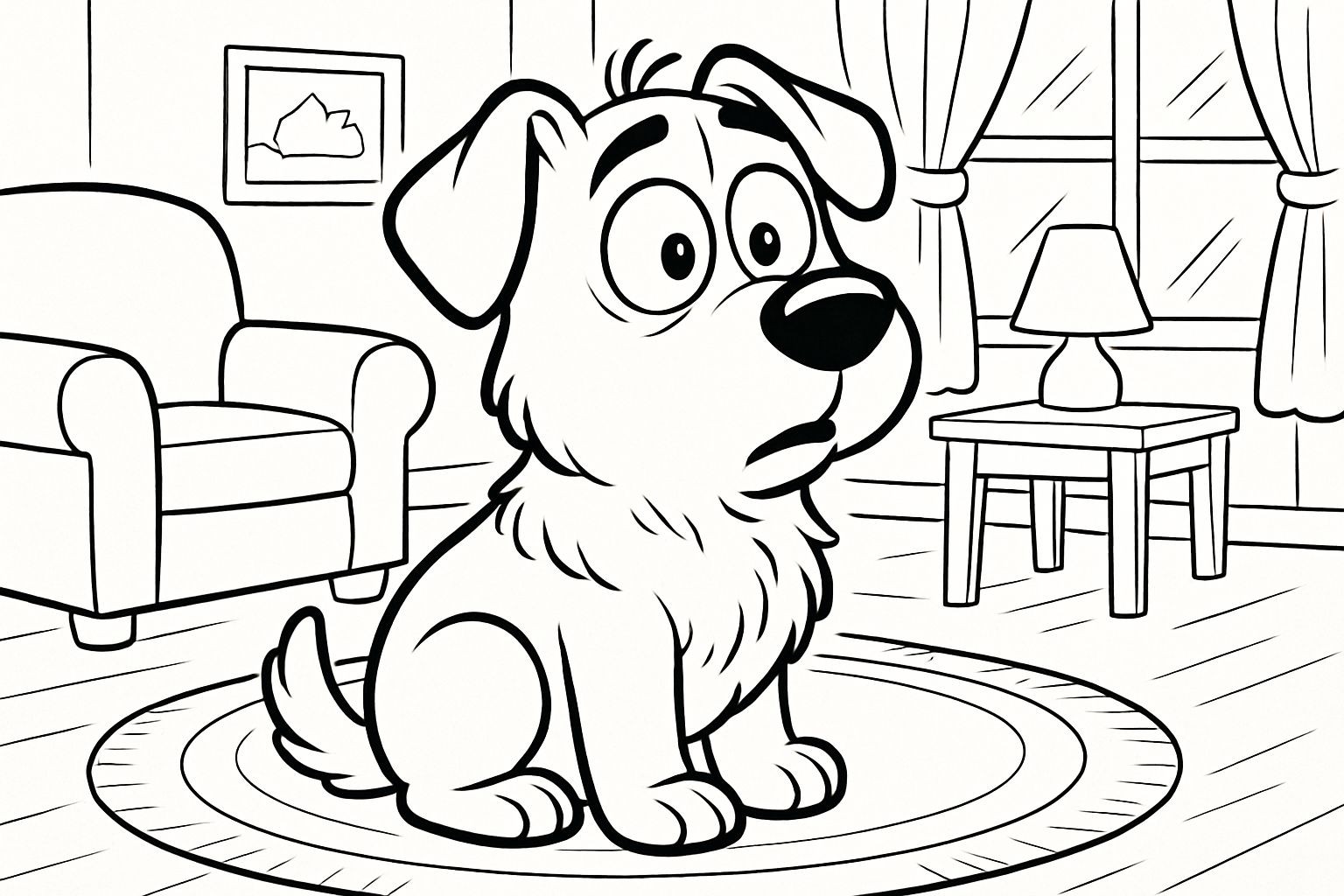 A surprised dog sits on a cozy rug, its wide eyes expressing curiosity and wonder. The room features a comfy chair, a small table with a lamp, and curtains framing a window, creating a warm atmosphere. Kids can bring this adorable pup to life with vibrant colors, capturing its playful spirit and the charm of its home.