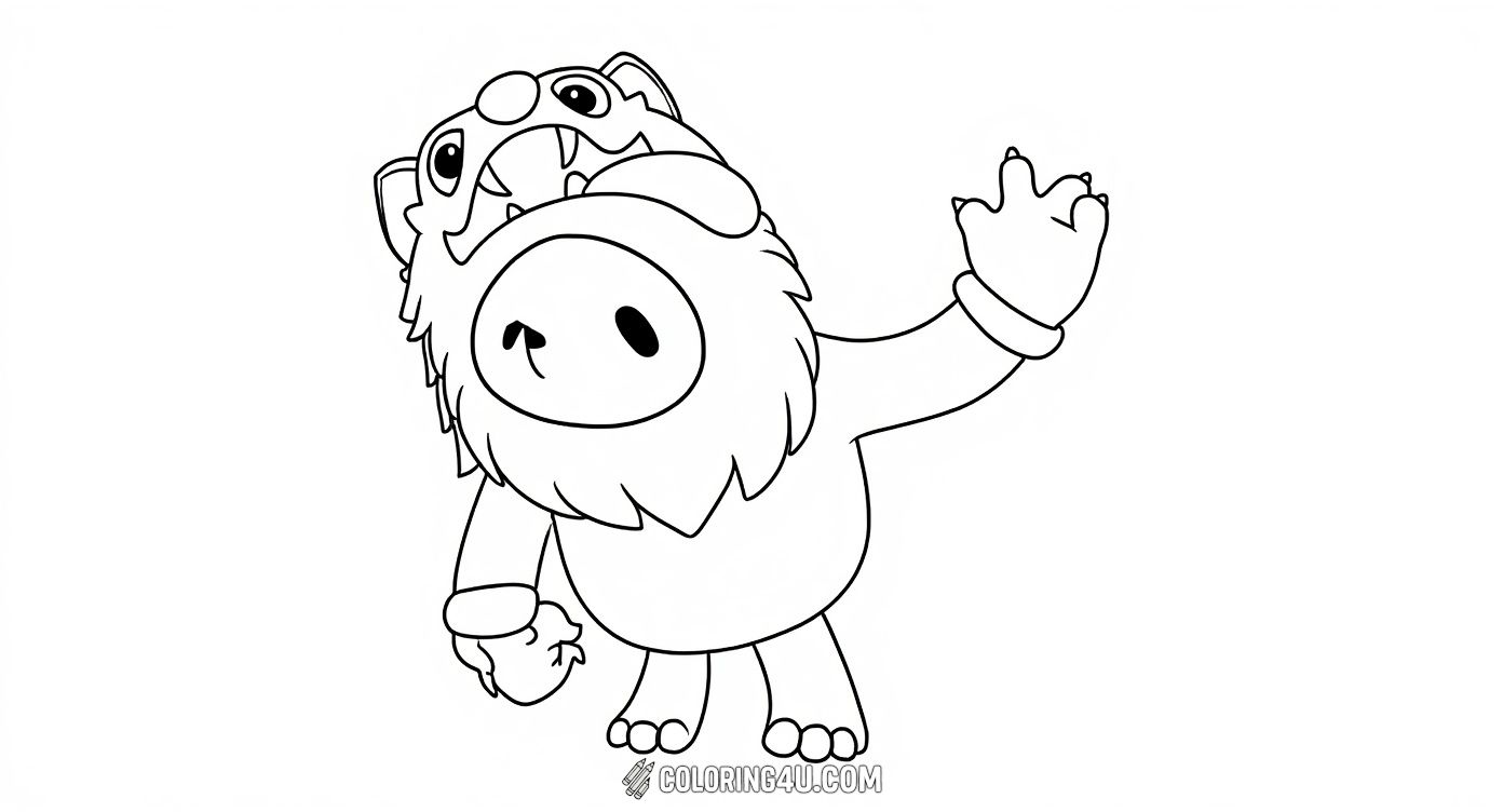 Meet the Big Bad Lion from Fall Guys in this charming coloring page! This lovable character with a fluffy mane and friendly wave invites kids to make him roar with color and imagination. Perfect for young artists who love playful game characters.