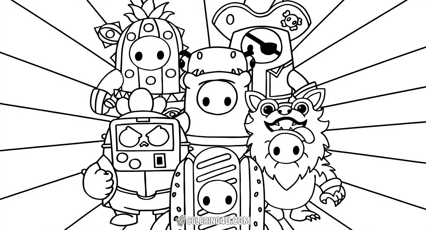 Meet the lively crew of Fall Guys in this fun-filled group coloring page! From a pirate to a hot dog and even a fierce werewolf, these quirky characters are ready for action and imagination. Kids can enjoy coloring their favorite costumes and creating their own Fall Guys team!