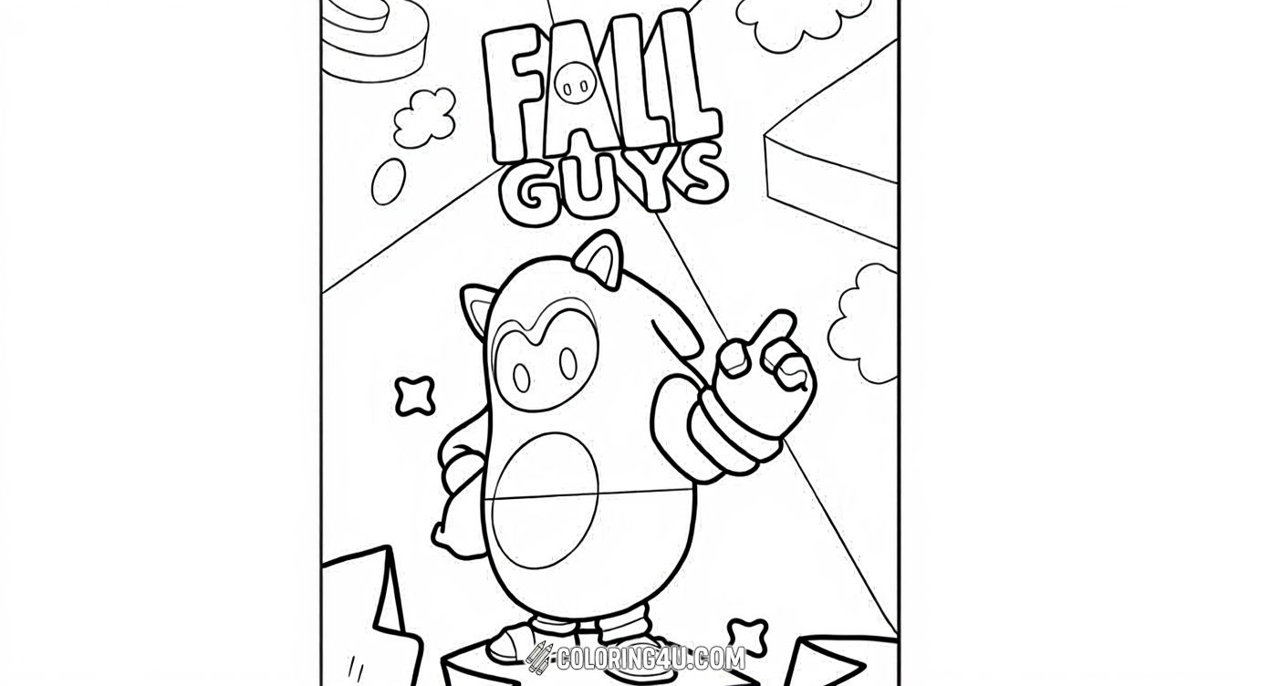 This fun coloring page features a cheerful Fall Guys character standing confidently with a pointing finger, surrounded by playful shapes and the bold 'Fall Guys' logo above. Kids will enjoy bringing this friendly figure to life with their favorite colors!