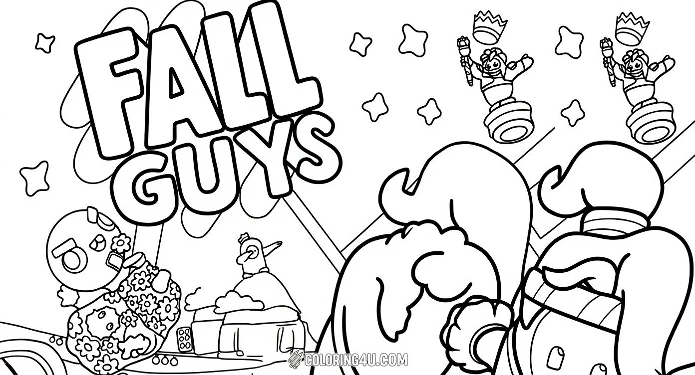 Jump into the fun world of Fall Guys with this action-packed coloring page! Featuring your favorite characters in playful poses, it's a perfect adventure for kids to add their own bright colors and feel part of the exciting Fall Guys race and challenges.