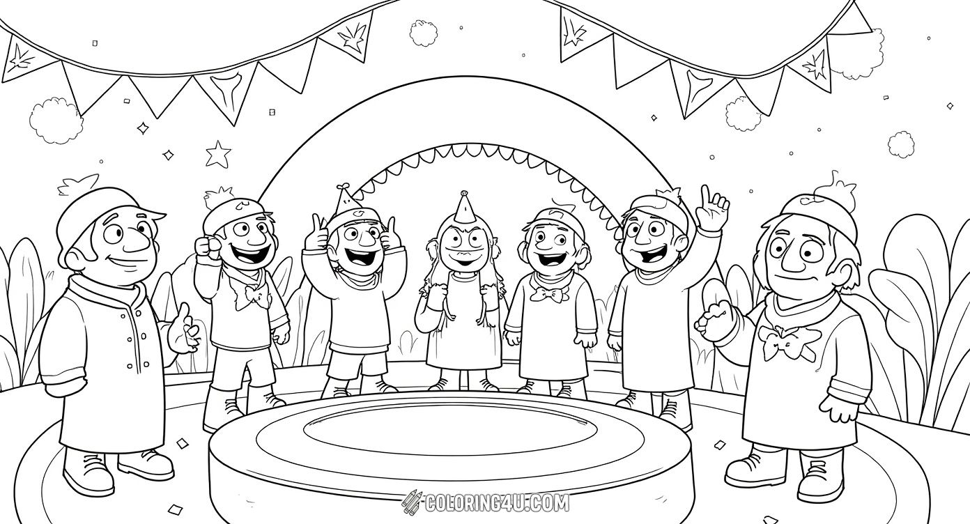 Jump into the colorful chaos of Fall Guys with this rainbow run party! Cheer on the playful characters racing down a twisting slide surrounded by confetti and energy. Kids will love bringing this dynamic scene to life with their favorite colors!