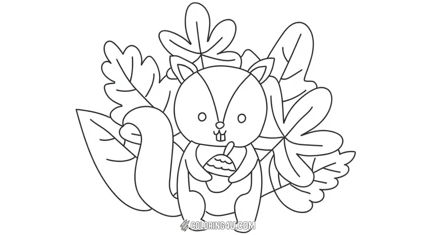 Color a cute squirrel holding a big acorn nestled among whimsical fall leaves. This charming fall coloring page is perfect for kids who love animals and nature, inviting them to bring to life the warm colors of autumn and the friendly woodland creature.