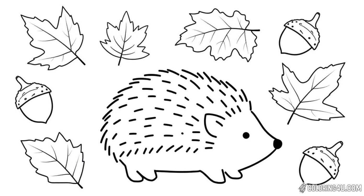 This adorable coloring page shows a cute hedgehog surrounded by various fall leaves and acorns. Children will have a great time adding color to this charming autumn scene, making it perfect for fall-themed activities.
