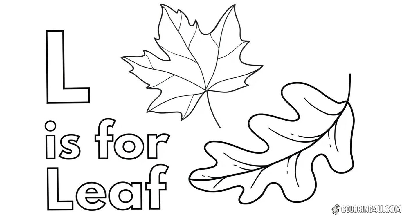 This fun and educational coloring page introduces children to letters and nature with the phrase 'L is for Leaf,' accompanied by a maple and an oak leaf illustration. It’s a great way for kids to learn about the alphabet and recognize different types of leaves while coloring.