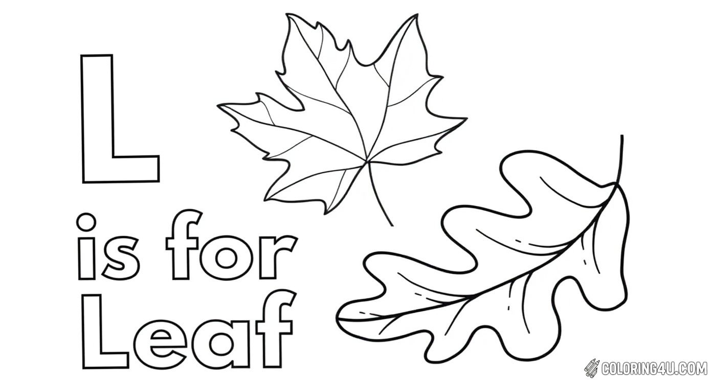 Celebrate the letter L with this playful coloring page showing two different types of fall leaves along with the phrase 'L is for Leaf.' Kids will enjoy coloring the leaves and practicing their letters in this educational autumn-themed activity.