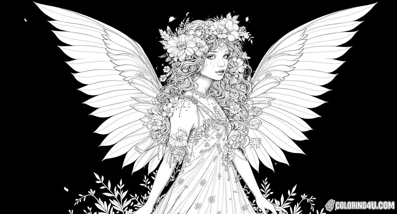 Color a beautiful fairy adorned with a crown and a cascade of flowers woven through her hair and dress. With delicate wings and intricate patterns, this lovely fairy coloring page is perfect for kids who love detailed magical creatures and floral designs.