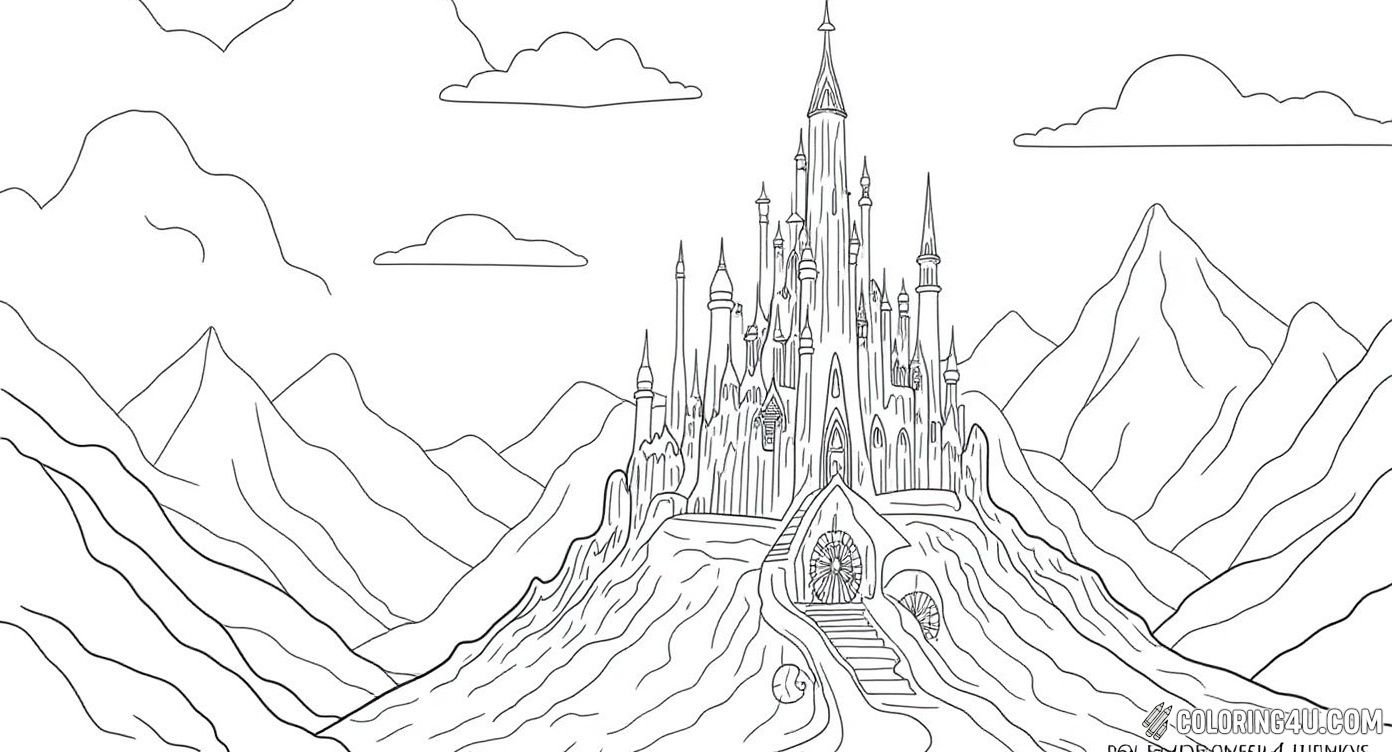 Discover a magical fantasy castle nestled among towering mountains and surrounded by whimsical architectural details. This enchanting scene invites kids to bring to life a mystical kingdom full of adventure and imagination with their favorite colors.