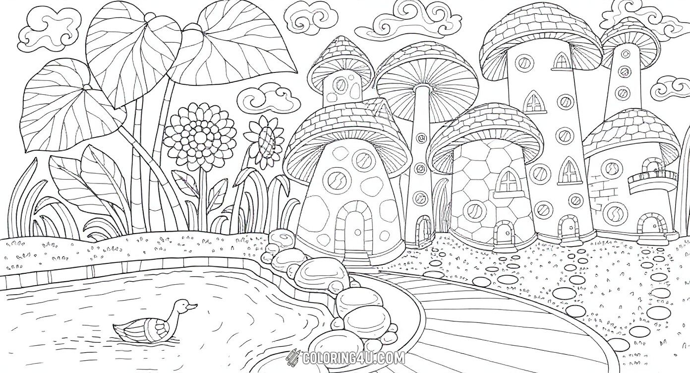 Step into a whimsical mushroom village surrounded by tall plants and fluffy clouds. A gentle duck swims in the peaceful pond while charming mushroom houses await your colors. This delightful scene is perfect for kids to explore their creativity in a magical fairy-tale setting.