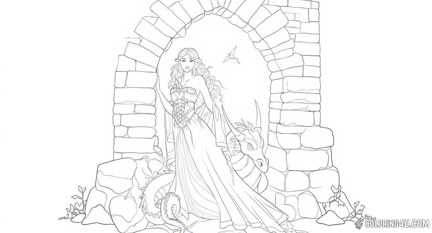 Step into a fairy tale with this elegant princess standing confidently beside her loyal dragon within an ancient stone archway. Kids can enjoy coloring her flowing gown, the scales of the dragon, and the nature around them, unlocking a story of friendship and bravery.