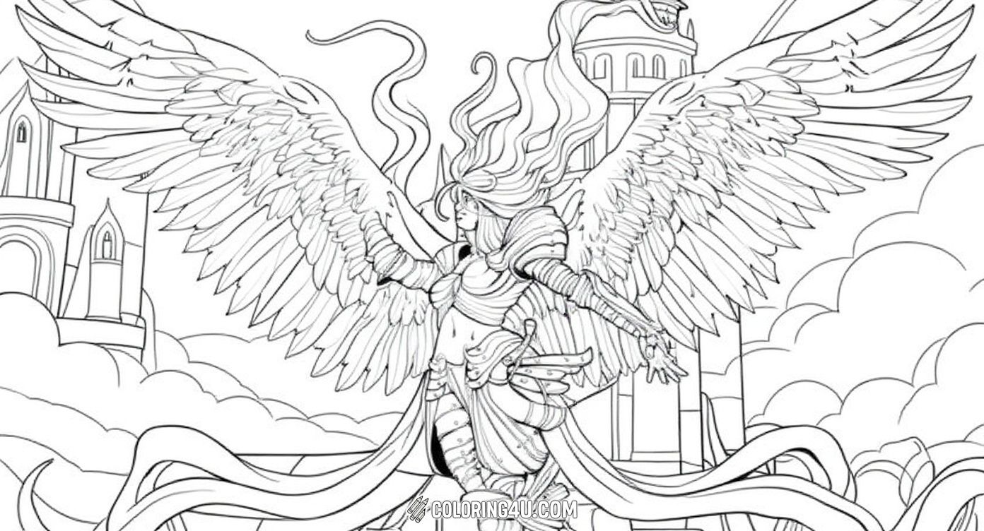 Discover the magical world of a brave winged warrior soaring above a grand castle. This coloring page invites you to bring to life the warrior's majestic feathers and shining armor, set against the enchanting backdrop of castle towers and mystical archways.