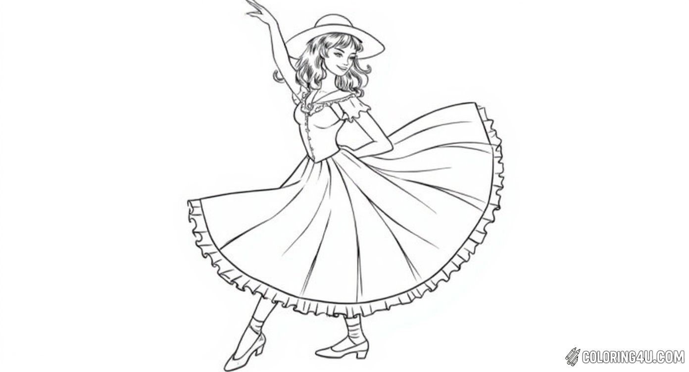 In this charming coloring page, a girl dances joyfully in a vintage-inspired fashion costume complete with ribbons, a small hat, and layers of patterned fabric. Kids can enjoy coloring her lively outfit and the lovely flowers surrounding her, capturing the spirit of fun and dance.