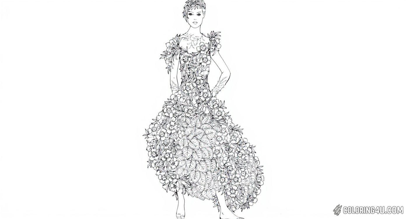 This artistic coloring page depicts a model wearing a stunning dress made entirely of flowers and leaves. The intricate details invite kids to use their creativity and imagination to fill in the natural, leafy design, creating a magical nature-inspired fashion masterpiece.