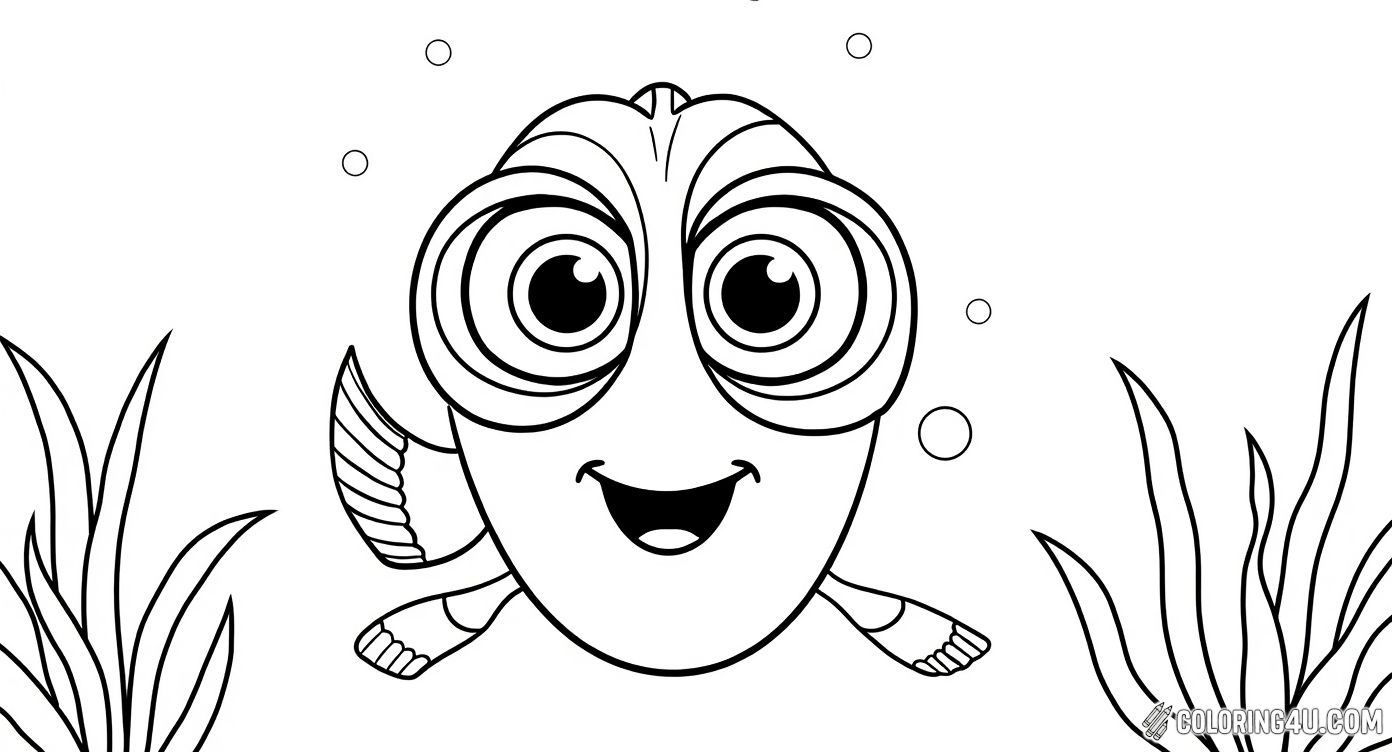This adorable coloring sheet showcases baby Dory with big, sparkling eyes, surrounded by bubbles in her underwater home. The cute and simple design is perfect for young kids to color while exploring the charming character from Finding Dory, encouraging creativity and fun.