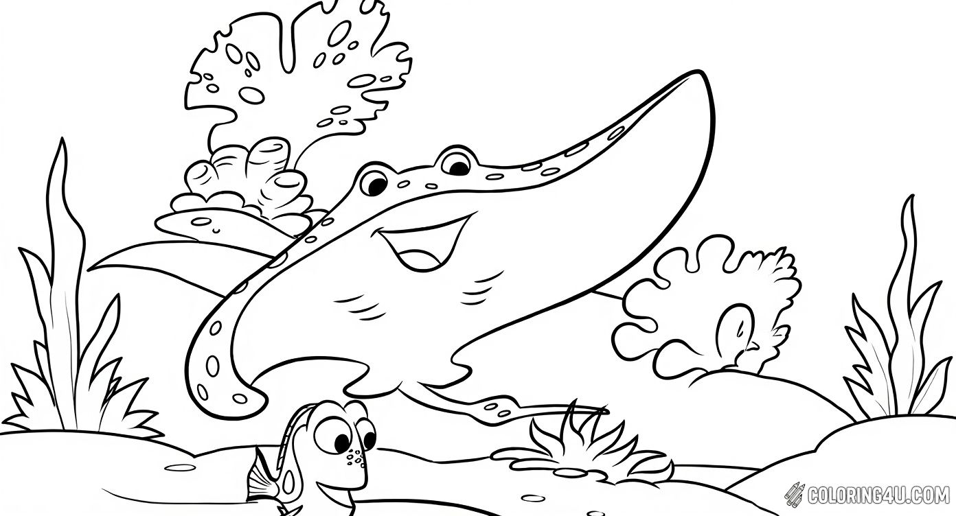 Dive into an underwater adventure with this charming coloring page featuring Dory and her friend Mr. Ray from Finding Dory. Set in a lively ocean scene with coral and sea life, it's a perfect way for kids to explore their creativity by adding vibrant colors to their favorite ocean friends.
