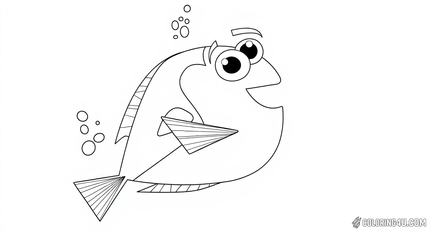Join Dory, the cheerful fish from Finding Dory, on this inspiring coloring page. With big, lively eyes and surrounded by bubbles, Dory reminds us to keep going with the motivational phrase 'She just kept swimming... Have you seen her?' Perfect for kids to color and get inspired!