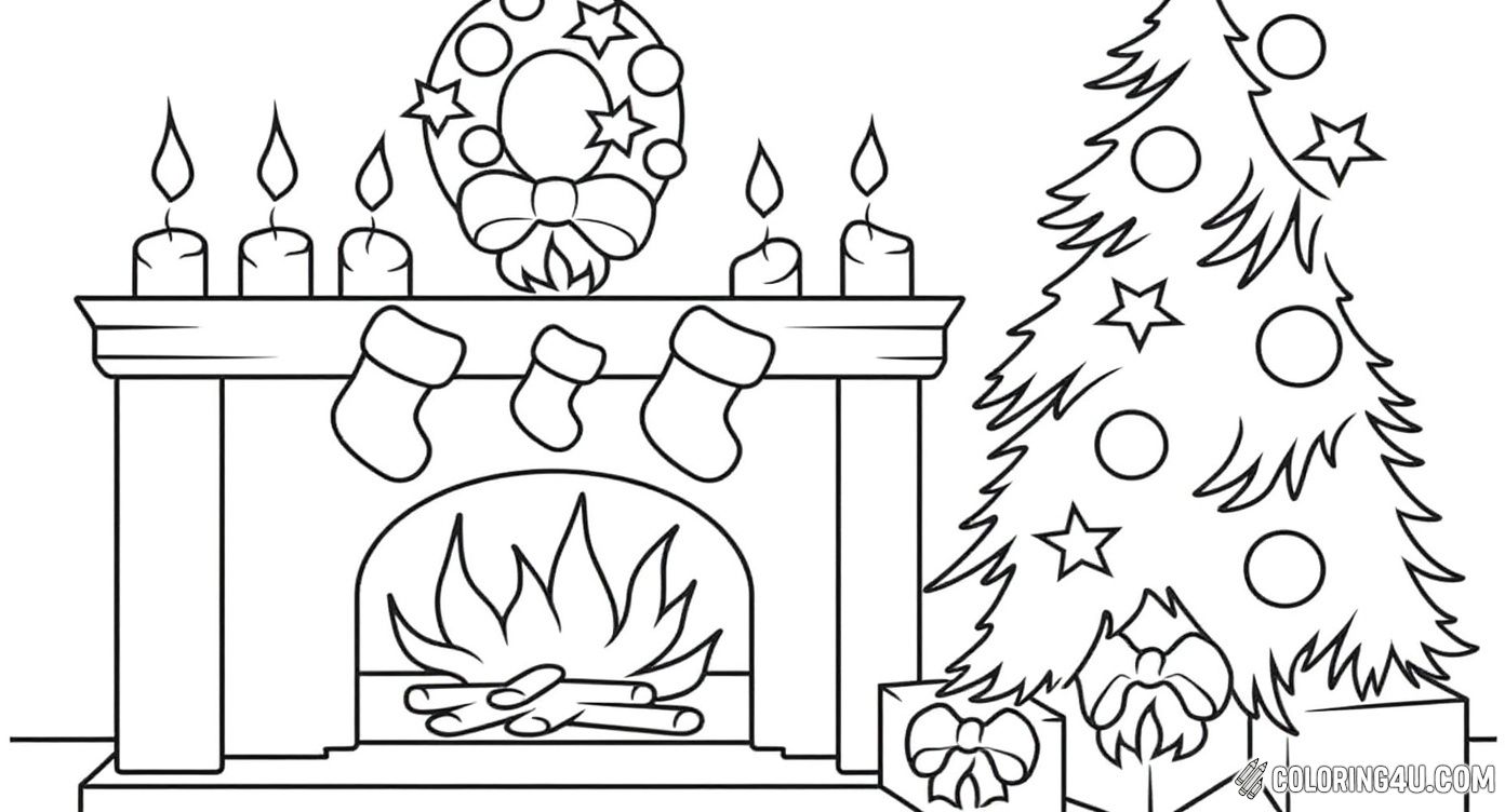 Printable coloring page of Christmas Fireplace With Wreath And Tree from the Fireplace category.