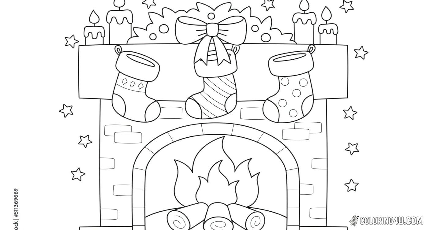Printable coloring page of Holiday Fireplace Stockings Candles And Stars from the Fireplace category.