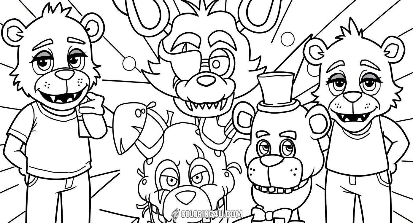 Dive into the spooky fun of Five Nights at Freddy's with this exciting coloring page featuring three famous animatronic characters from the game! Kids can bring to life the mischievous Foxy, the creepy Freddy Fazbear, and the mysterious character above them. With bold outlines and cool design elements, this page invites young artists to explore their creativity and enjoy the thrilling world of FNAF.