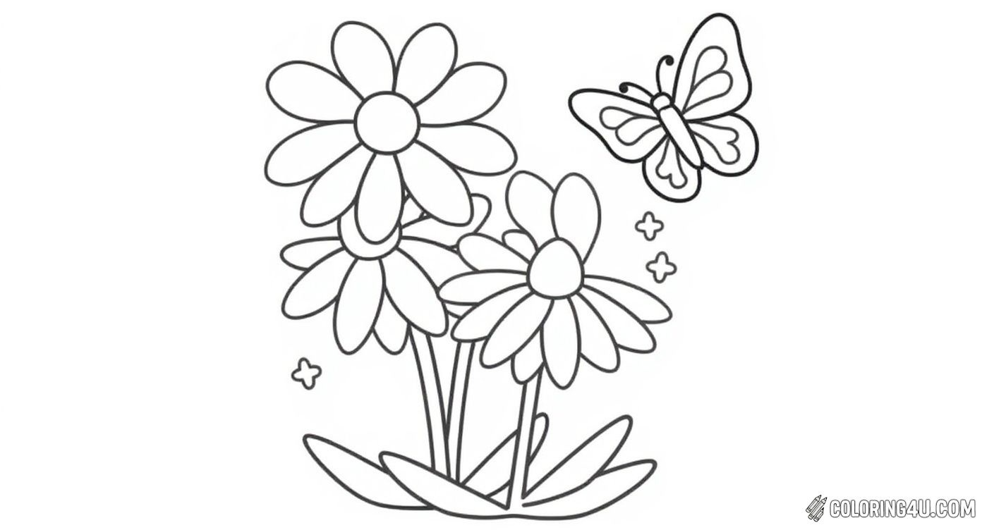 Flowers With Butterfly Coloring Page Easy