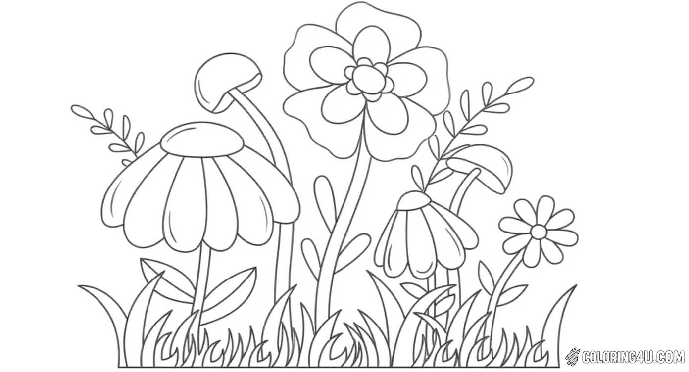 Simple Flowers And Grass Coloring Page