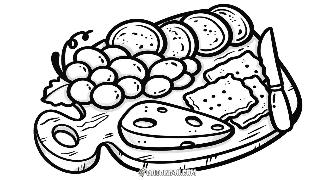This inviting coloring page shows a delicious snack plate perfect for cheese lovers! It includes a wedge of cheese, crackers, grapes, and some nuts arranged on a wooden serving board, along with a knife. Kids will enjoy coloring the different textures and shapes of this tasty and simple food scene.