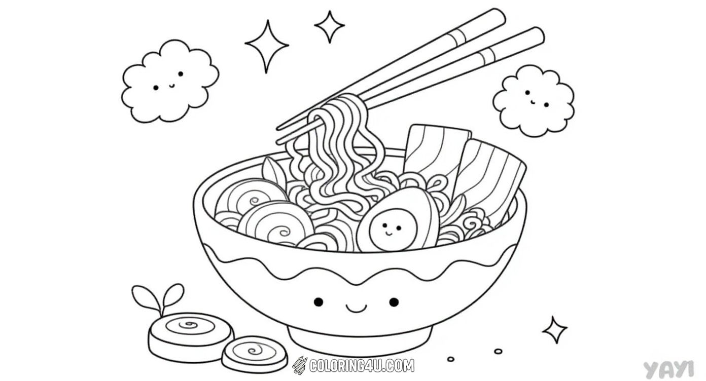 This adorable coloring page features a kawaii ramen bowl filled with noodles, a ramen egg, slices of fish cake, and other yummy toppings, all smiling and ready to be colored. Kids will love bringing this charming bowl of warm, comforting ramen to life with their creativity.