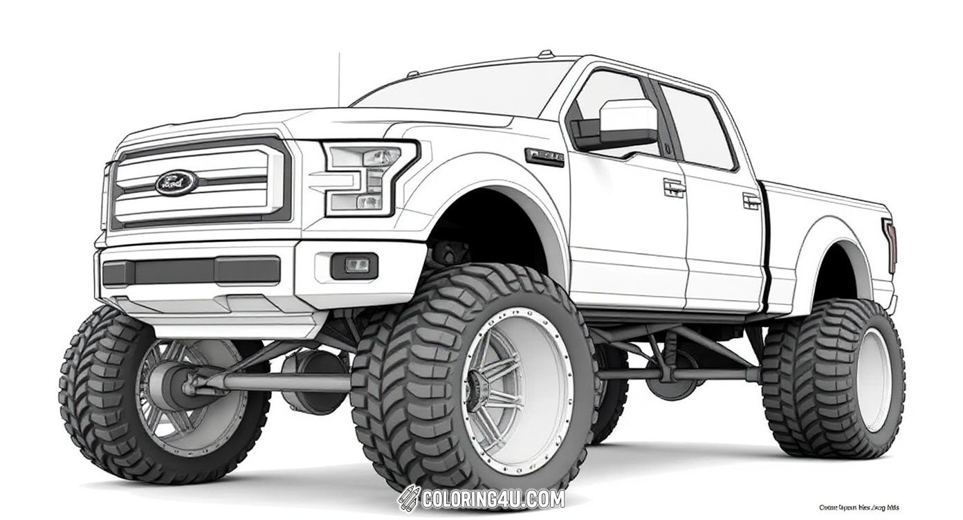 This bold coloring page showcases a Ford pickup truck with giant off-road tires and a lifted body. Kids can have tons of fun coloring this gigantic truck and imagining it speeding through rough terrain or city streets.