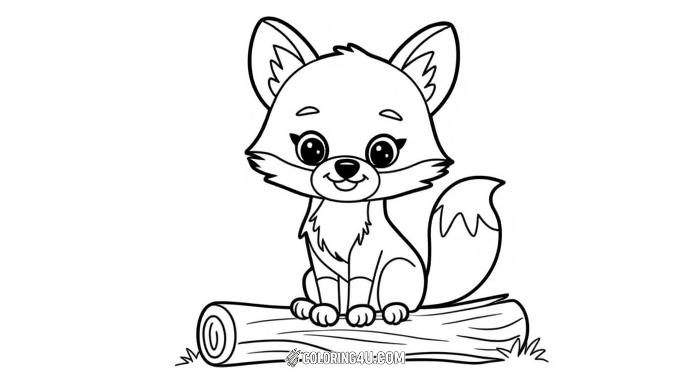 Color a sweet little fox sitting happily on a log in the middle of a peaceful forest landscape! This simple and charming coloring page shows the fox with big curious eyes and a fluffy tail, surrounded by mountains, trees, and a flowing river. It’s a delightful scene that invites young artists to bring the forest and this friendly fox to life with bright, joyful colors.