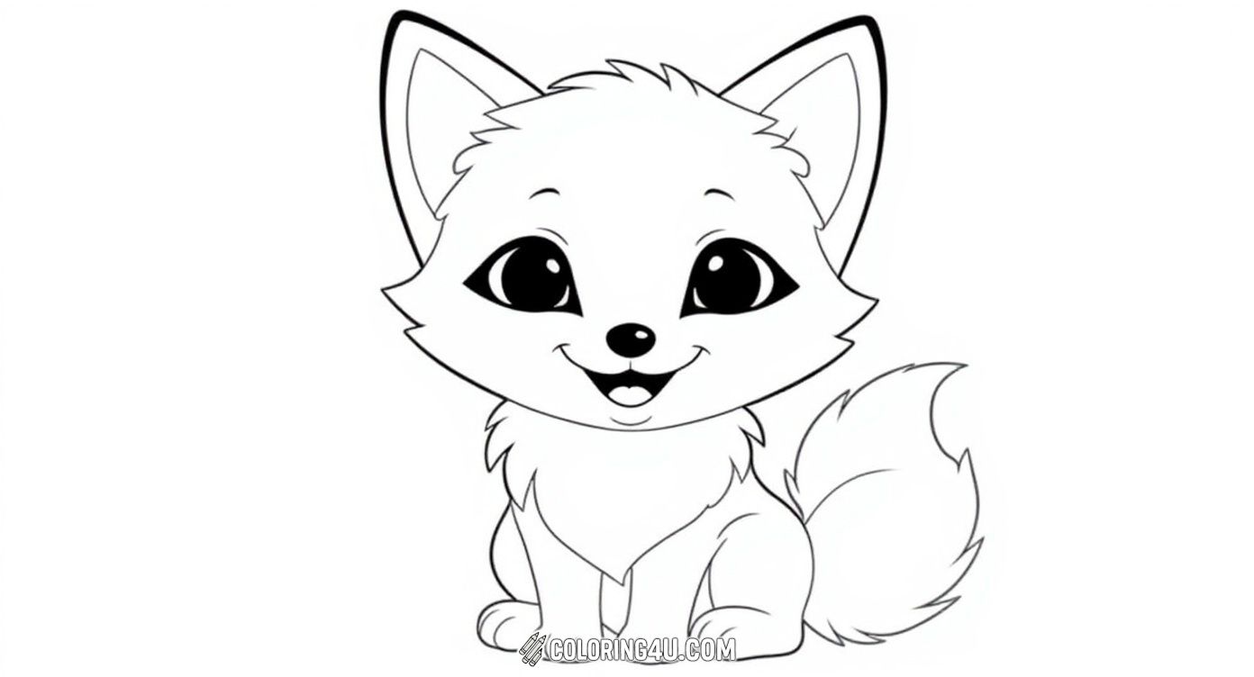 This adorable cartoon-style coloring page showcases a cute smiling arctic fox with big shining eyes and a fluffy tail. It’s perfect for kids to color in and create their own charming winter fox friend.