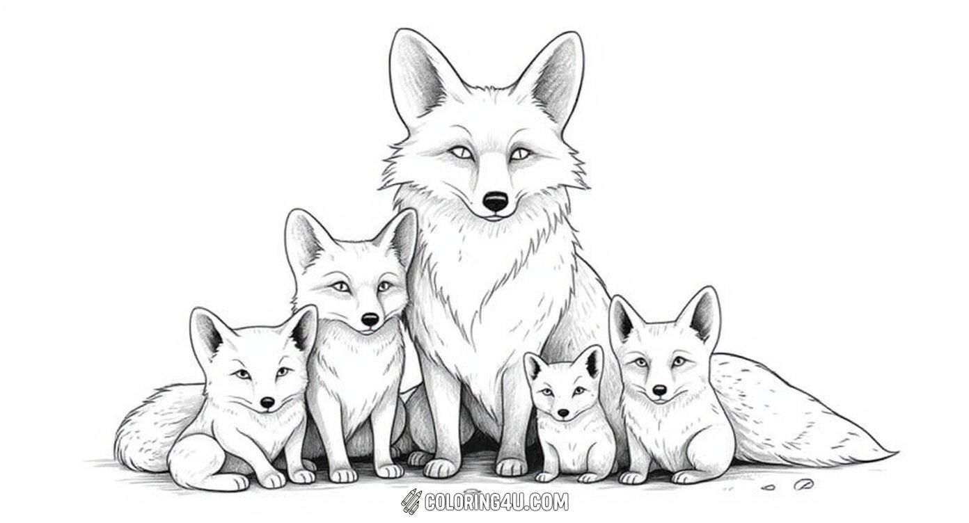 This coloring page features a lovely fox family consisting of a proud mother fox sitting with her three playful kits. Kids can enjoy bringing life to this heartwarming scene by coloring the detailed fur and curious expressions of the foxes.