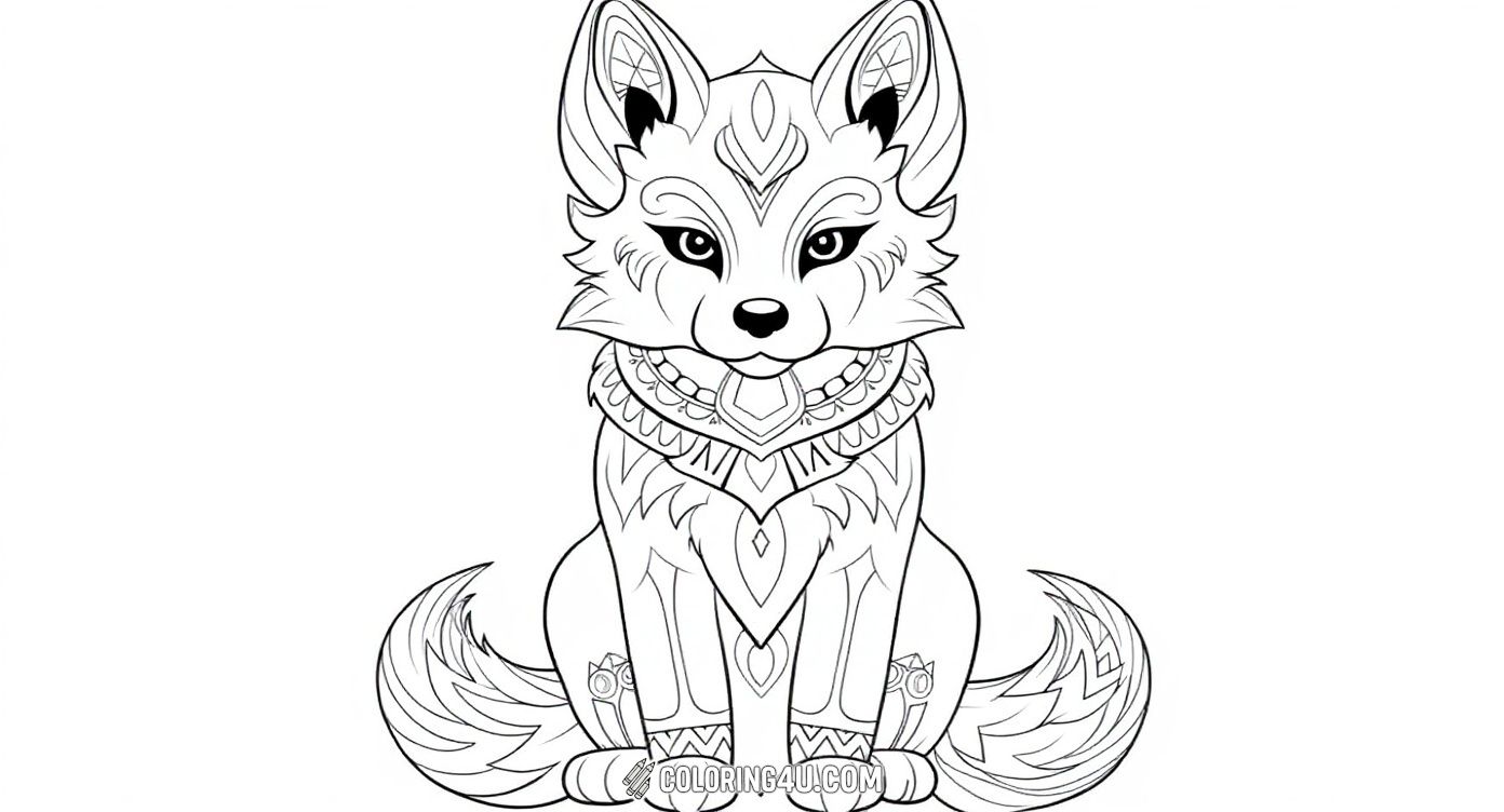 Explore the magical world of the mystical arctic fox with this detailed coloring page full of beautiful patterns and ornaments! This stunning fox features elegant shapes and intricate designs that invite kids to use a wide range of colors and be as creative as they want. Perfect for older kids and those who enjoy a challenge and fantasy animals.