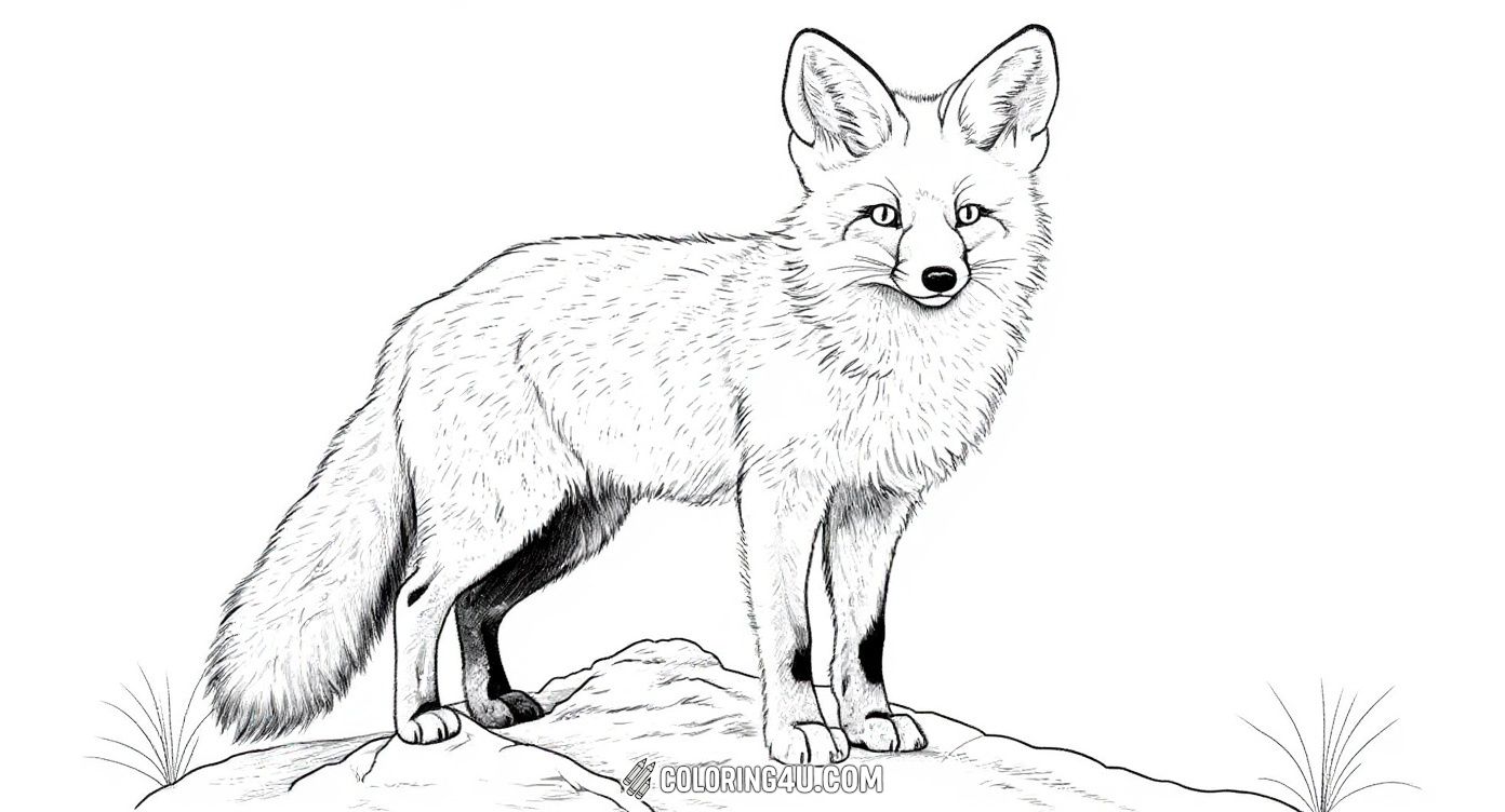 Here is a realistic and detailed coloring page of a majestic red fox standing confidently on a rock. This image invites kids to explore their creativity by adding natural colors to the fox’s fluffy fur and the surrounding environment.