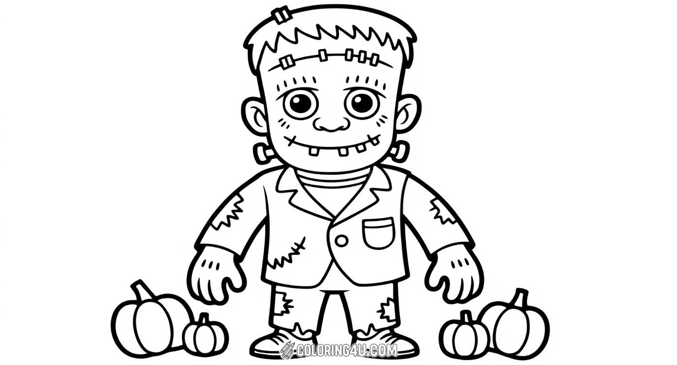 This adorable cartoon Frankenstein monster stands happily among pumpkins, making it a festive Halloween coloring page. Kids can enjoy coloring the patched clothes, bolts, and cheerful smile, perfect for celebrating the spooky season!