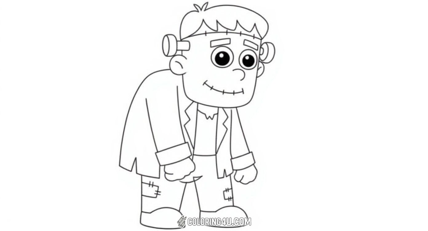 Here is a cute and funny Frankenstein cartoon character, ready for Halloween! With big eyes and patches on his clothes, this friendly monster invites kids to add their favorite colors and bring Halloween joy to life.