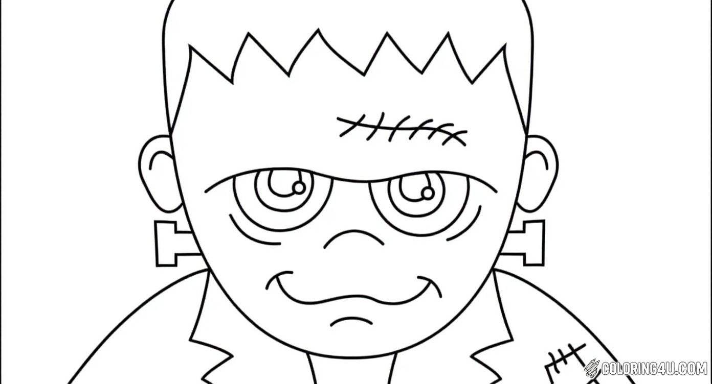 This adorable Frankenstein monster coloring page shows a friendly face with bolts on the neck and stitches on the head. Kids will love bringing this smiling monster to life with their favorite colors!