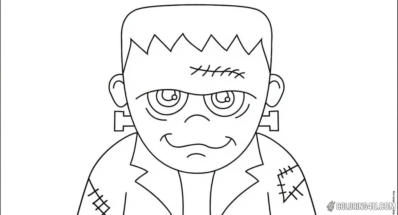 This fun and friendly Frankenstein monster coloring page shows a smiling creature with big eyes, bolts in his neck, and stitched-up patches on his jacket. Kids will enjoy bringing this cheerful monster to life with their favorite colors!