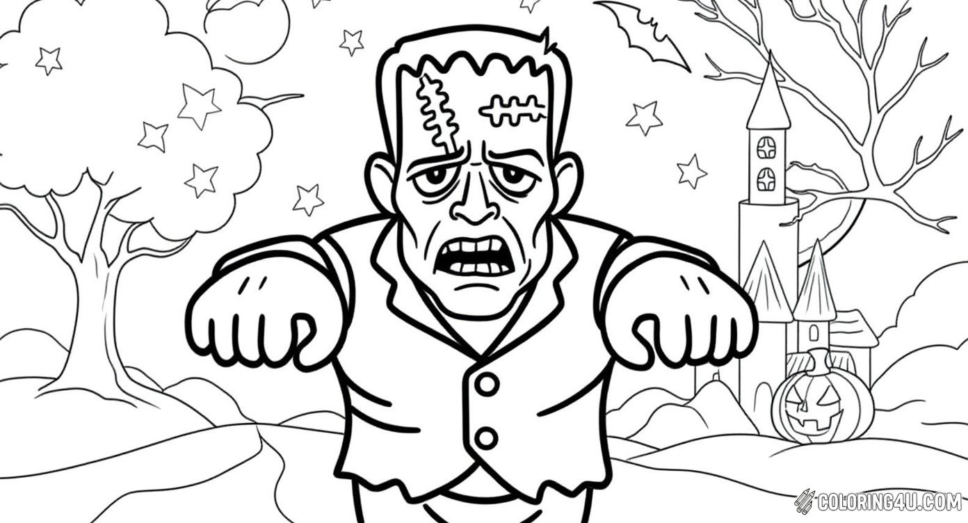 Here is a spooky Frankenstein monster stepping forward at night with a haunted house, full moon, bats, and scary pumpkins in the background. This detailed Halloween-themed coloring page invites kids to use dark and bright shades to create a spooky atmosphere.