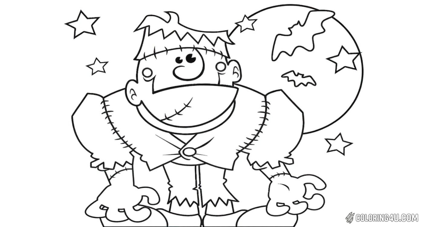 This cheerful Frankenstein monster coloring page is full of fun details like stars, bats, and a glowing moon behind him. Kids can enjoy coloring this playful take on the classic monster with big hands and a bright smile.