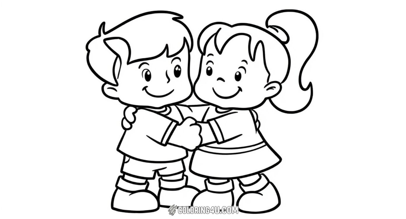 This delightful coloring page shows a boy and a girl sharing a warm hug surrounded by lovely flowers with the word 'Friends' at the top. Children can bring these loving friends to life with colors and celebrate the joy of friendship.