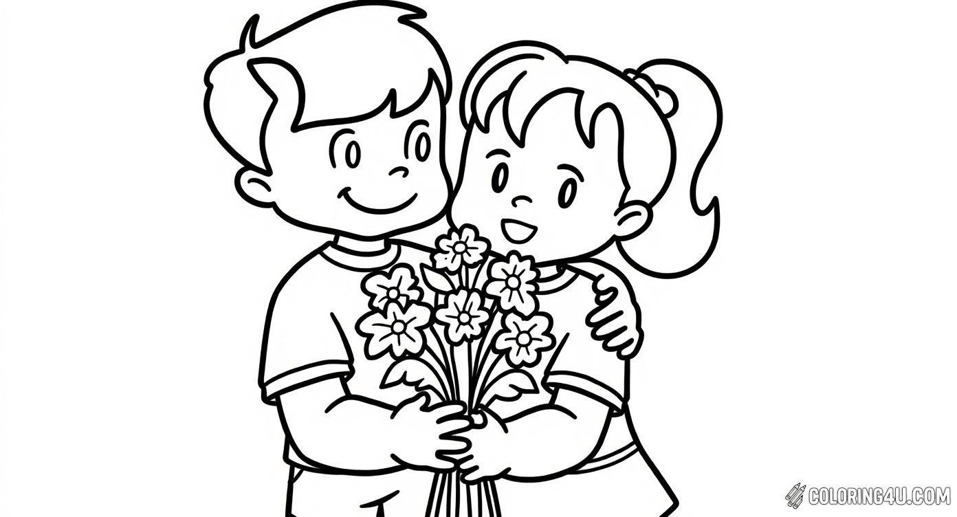In this sweet and simple coloring page, a boy and a girl friend share a loving hug surrounded by small flowers, under the word 'Friends'. It invites kids to add colors and creativity to this warm moment celebrating friendship and kindness.