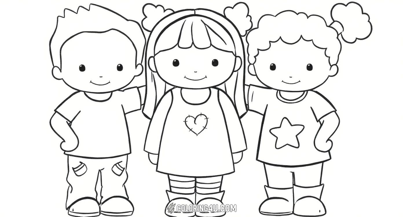 This cheerful coloring page features three adorable friends standing side by side with happy smiles. Kids can enjoy coloring their clothes, shoes, and cute hairstyles while celebrating friendship and togetherness in a fun and creative way.