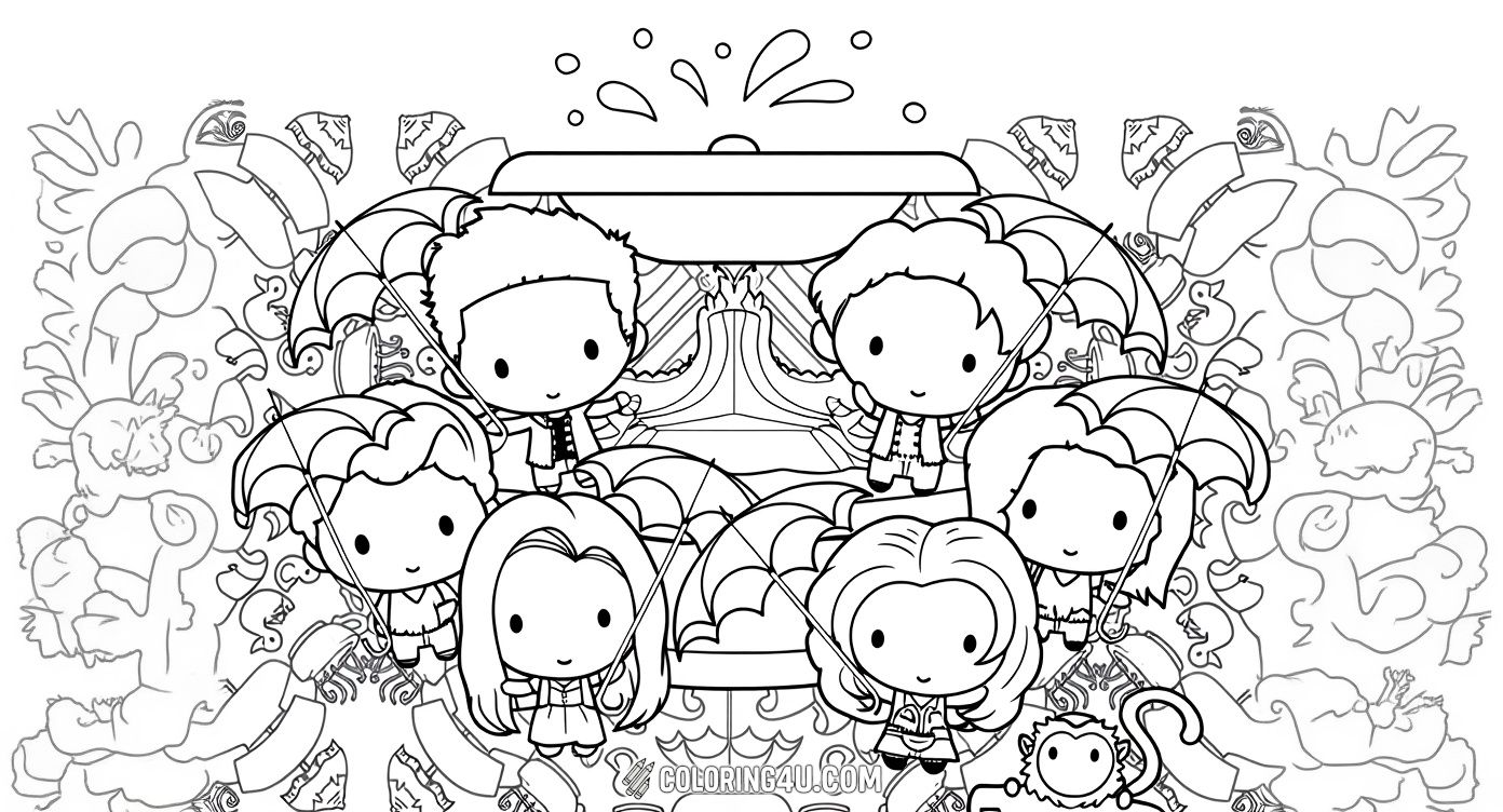 This exciting coloring book cover features cute chibi-style characters from the beloved television series Friends holding colorful umbrellas. Kids who love the show will have fun coloring these playful versions of their favorite friends in this engaging and creative activity.