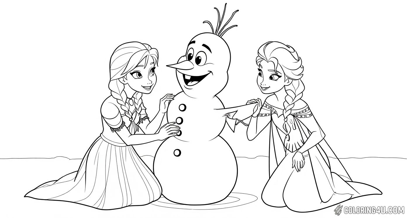 Anna Elsa And Olaf Building Snowman Frozen